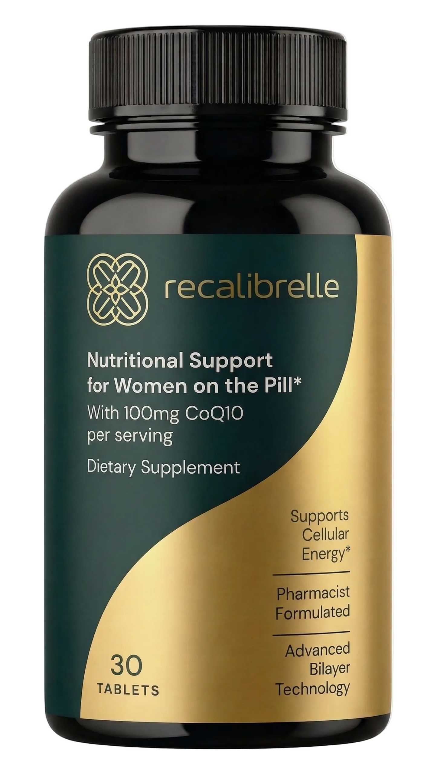 Supplement bottle labeled 'recalibrelle' for women on the pill with 100mg CoQ10 per serving.