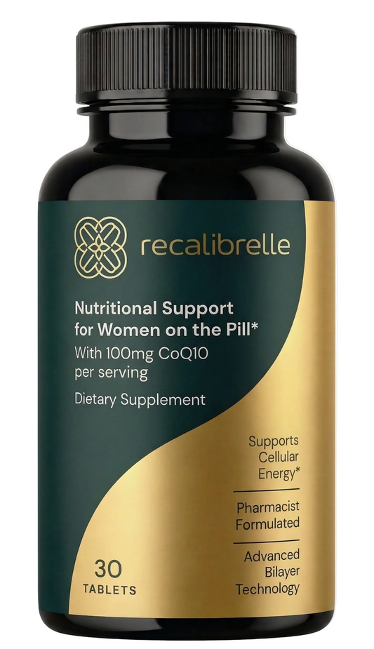 Supplement bottle labeled 'recalibrelle' for women on the pill with 100mg CoQ10 per serving.